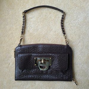 EUC DKNY Leather Wallet Purse Convertible Clutch Brown Gold Hardware